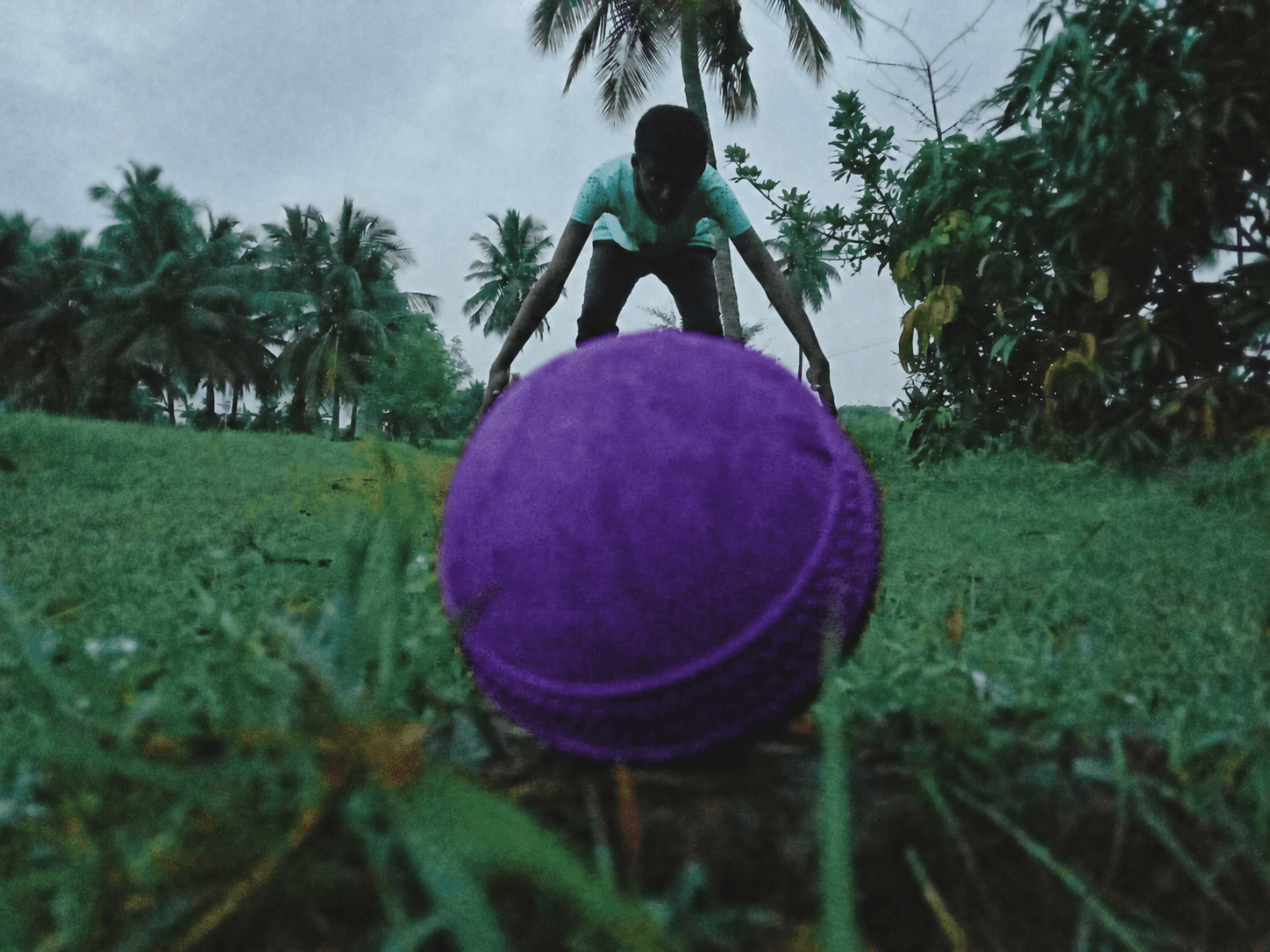 Forced-perspective photograph of a child appearing to hold an enormous purple ball in a grassy field.