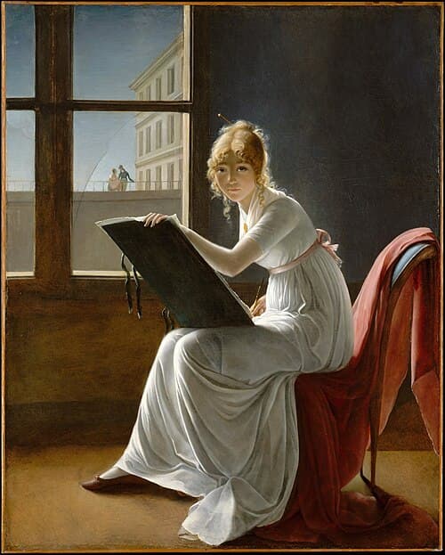 A young woman seated near a window and drawing
