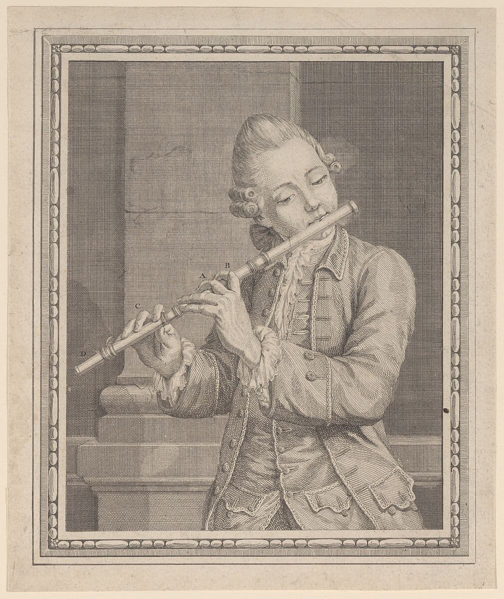 An eighteenth-century musician playing a transverse flute held sideways